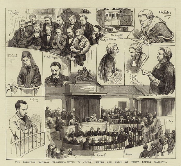 Schwarzes und weißes Gerichtsszenario mit einer stehenden Person, die ein Buch hält, einem Zug im Hintergrund und Text unten mit der Aufschrift "The Brighton Railway Tragedy - Notes in Court During the Trial of Percy Leffroy Mapleton."
