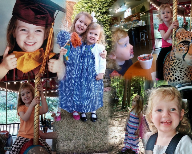 Ein Collage mit Vergnügungsparkfahrten, einem Tisch mit Lebensmitteln einschließlich einer Tasse und einem Löffel, verschiedenen Gegenständen, Lichtern, einer Wand, Büschen, Bäumen, Gras, einem Seil und einer Mütze.