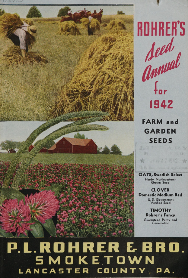 Ein Plakat für Rohrer's Saatgut-Jahrbuch 1942 mit einer bunten Auswahl an Blumen, Pflanzen, Gras, einer Person, einem Haus, Bäumen und einem klaren blauen Himmel sowie Texten, die Informationen über die Saatgutarten enthalten.