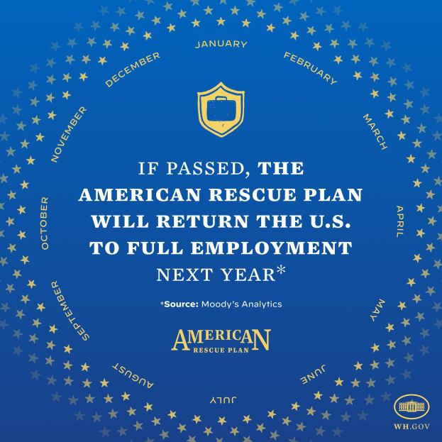 Blauer Plakat mit weißer Schrift und Logo, das besagt: "Wenn verabschiedet, wird das American Rescue Plan die USA im nächsten Jahr wieder zur Vollbeschäftigung führen."