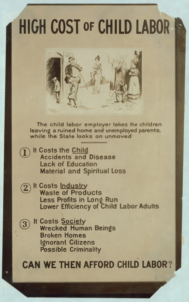 Plakat mit der Überschrift "Höherer Kostenfaktor für Kinderarbeit" auf blauem Hintergrund, weißer Schrift und weißem Rand, mit einem kreisförmigen Arrangement von Fotos diverser Menschen um die Überschrift.