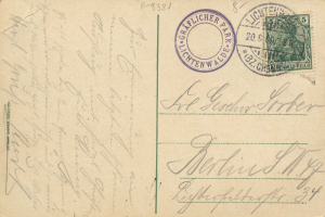 Alte Postkarte mit einer Briefmarke, die "Lichtenwald, Deutschland - Einschreiben nach Deutschland" lautet, mit handschriftlichem Text und zwei zusätzlichen Briefmarken oben rechts.