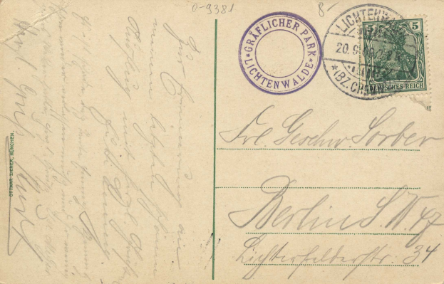Alte Postkarte mit einer Briefmarke, die "Lichtenwald, Deutschland - Einschreiben nach Deutschland" lautet, mit handschriftlichem Text und zwei zusätzlichen Briefmarken oben rechts.