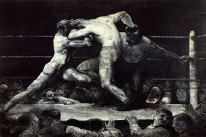 Schwarz-weiß-Zeichnung von zwei Boxern in einem Ring, die sich gegenseitig Schläge versetzen, während eine jubelnde Menge zusieht.