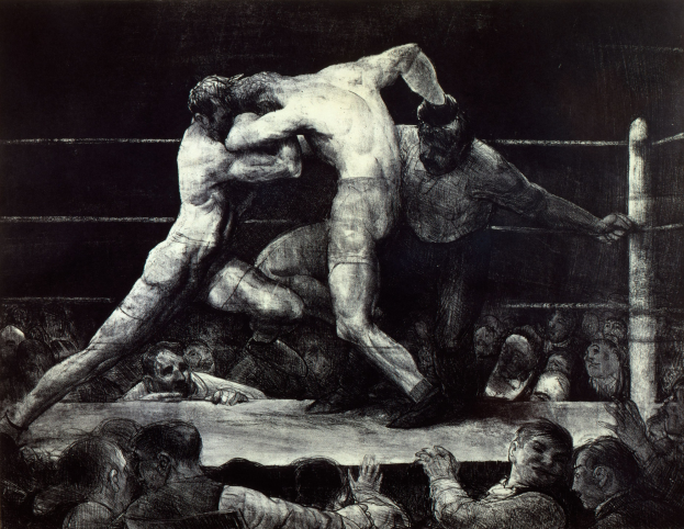 Schwarz-weiß-Zeichnung von zwei Boxern in einem Ring, die sich gegenseitig Schläge versetzen, während eine jubelnde Menge zusieht.