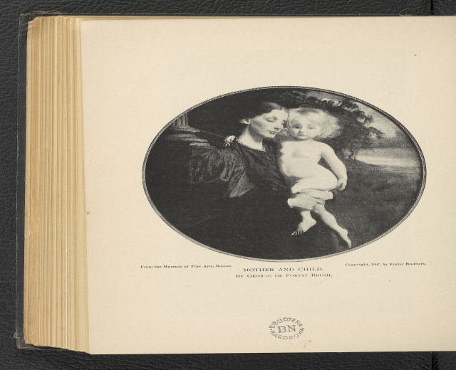 Ein aufgeschlagenes Buch mit einer Illustration einer Frau, die ein Baby h├Ąlt, und dem Text "Mutter und Kind."