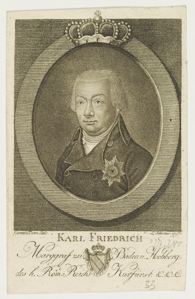Porträt des Königs Karl Friedrich Friedrich von Deutschland, der eine Krone trägt und ernst dreinschaut, direkt in die Kamera blickt.