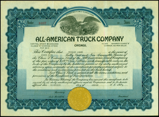 Aktienzertifikat der All-American Truck Company mit schwarzem Rand, goldenem Siegel in der Mitte und gedrucktem Text, einschließlich des Unternehmensnamens, Datums und weiterer Details.