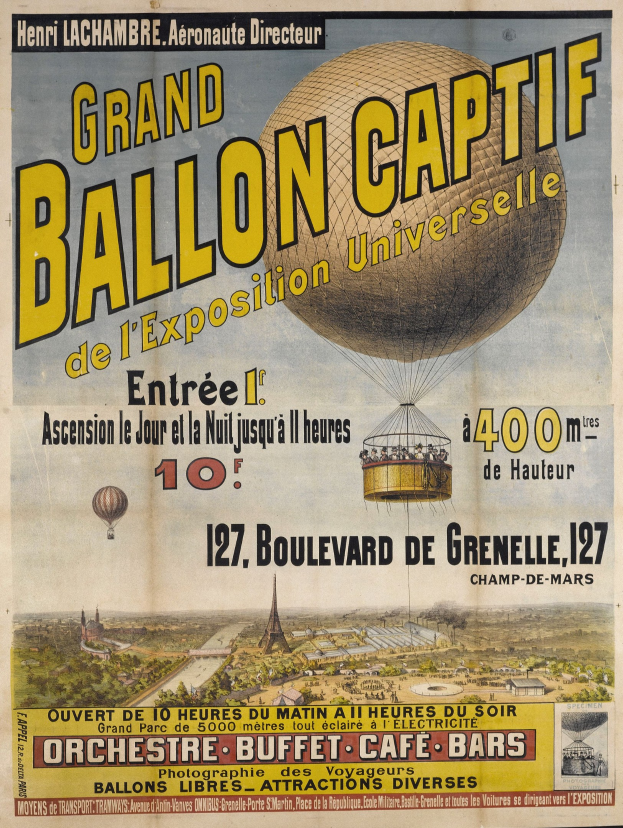 Alte Ankündigung für die große Ballonfahrt auf der Exposition Universelle, mit Heißluftballons, Gebäuden, Bäumen und Text.