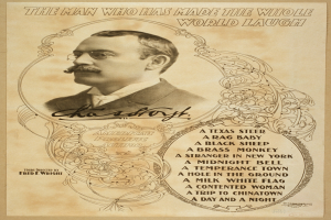 Ein Mann mit Schnurrbart, Brille und ernster Miene, der einen Anzug und eine Krawatte trägt, mit dem Text "Der Mann, der die ganze Welt zum Lachen gebracht hat" darüber.