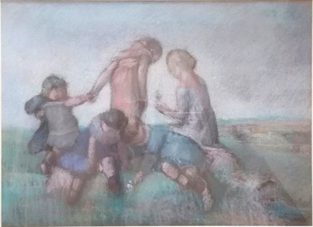 Malerei von Kindern, die auf einem Feld spielen, gerahmt, mit leuchtenden, fröhlichen Farben und spielerischen Gesichtsausdrücken.