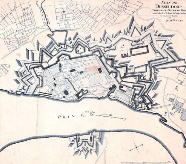 Detailierte Karte von Düsseldorf, Deutschland, mit Straßen, Gebäuden, Sehenswürdigkeiten und informativem Text über die Stadt.