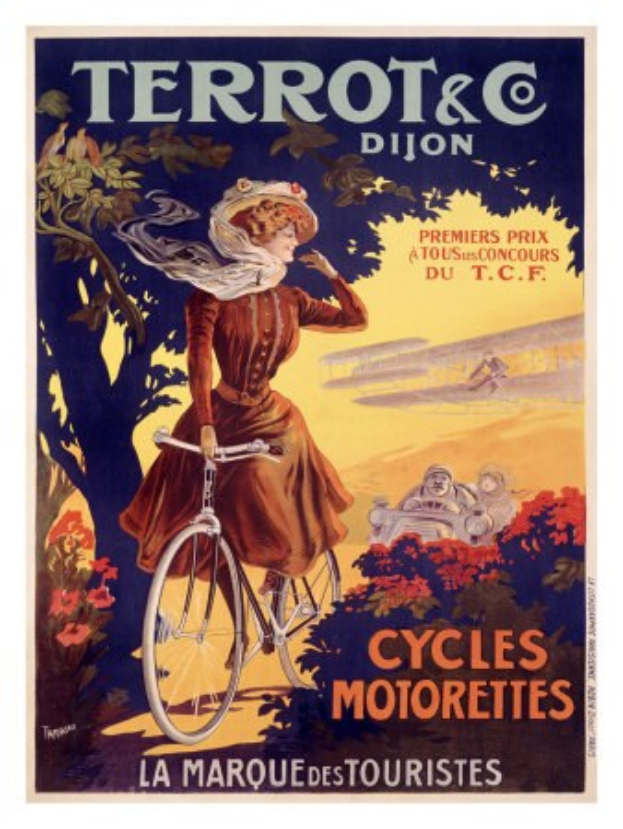 Ein Plakat für eine Fahrradreise in Frankreich, das eine Frau auf einem Fahrrad zwischen Bäumen, Blumen und anderen Radfahrern zeigt, mit Text, der die Reise beschreibt.
