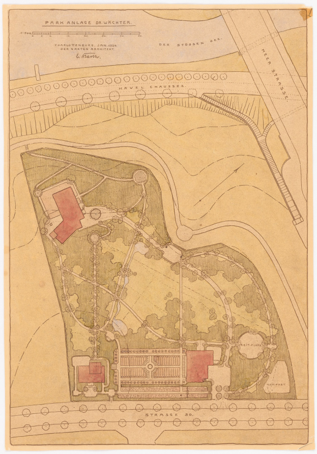 Detailierte alte Karte eines Parks mit Gebäuden, Bäumen, Straßen und Sehenswürdigkeiten auf vergilbtem Papier mit Text.