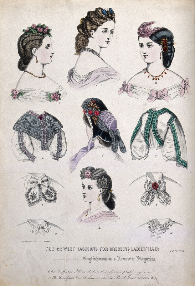 Ein Papier mit dem Titel "Die neuesten Moden für die Frisur von Damen" mit Abbildungen von Frauen in verschiedenen Kleidern und Frisuren in verschiedenen Farben.