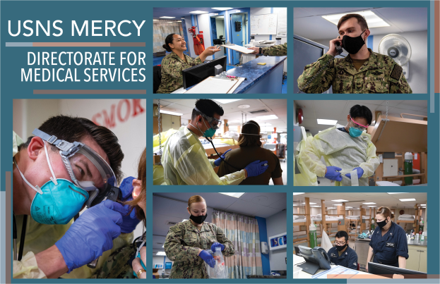 Ein Plakat mit einer Collage von Personen in Schutzausrüstung, einschließlich Masken und Handschuhen, mit der Aufschrift "USNS Mercy Directorate for Medical Services" oben.