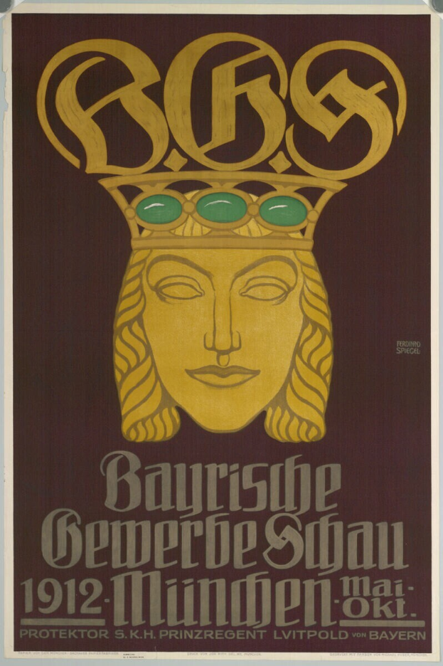 Plakat zum Bayerischen Bierfest in München, Deutschland, mit einem Gesicht mit Krone darauf und umgebendem Text.
