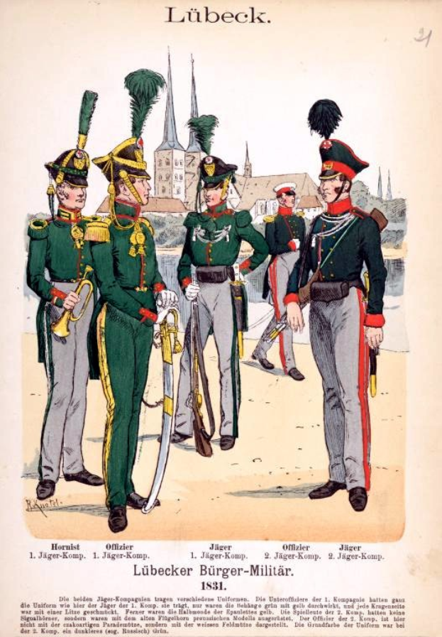 Eine Gruppe von Männern in Militäruniformen steht zusammen, einer hält ein Schwert, mit Gebäuden und Bäumen im Hintergrund; Text unten lautet "Lübeck, 1831 - die deutsche Armee."