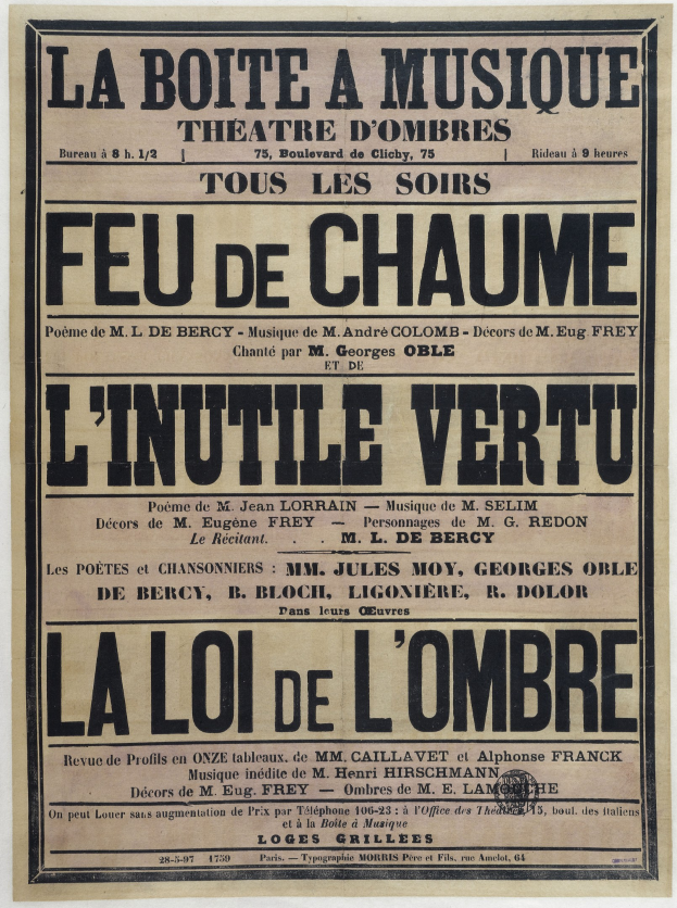 Schwarze und weiße Zeitungsanzeige für ein Pariser Musiktheater mit Text, der seine Angebote beschreibt.