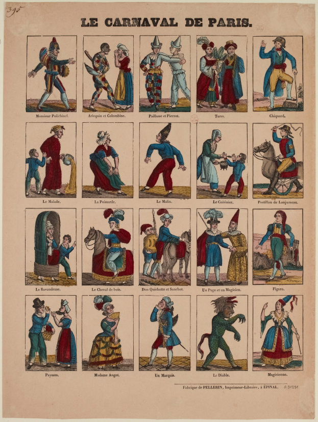 Ein Papier voller leuchtender, detaillierter Bilder von Menschen in farbenfrohen Karneval von Paris-Kostümen, einschließlich gefiederter Kopfschmuck und ausgefallenen Kopfschmuck, mit fetter Schrift.