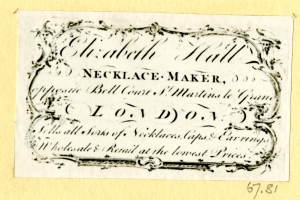 Eine alte Visitenkarte mit einem Bild eines Schmuckherstellers und einem Text über seine Dienstleistungen.