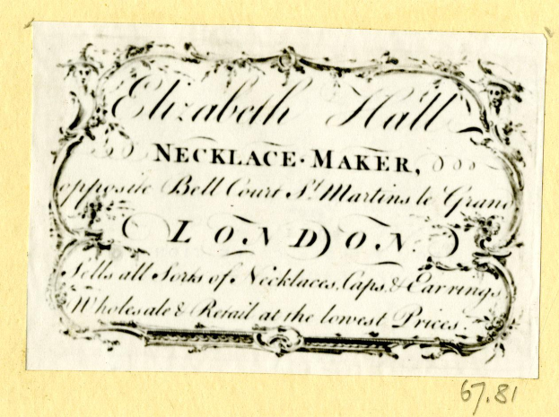 Eine alte Visitenkarte mit einem Bild eines Schmuckherstellers und einem Text über seine Dienstleistungen.