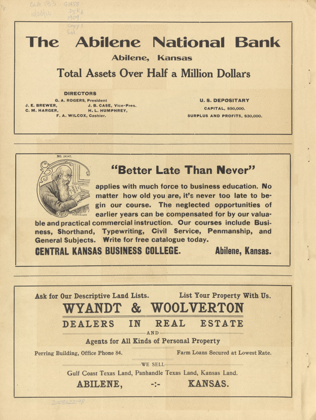 Eine alte Zeitungsanzeige für die Abilene National Bank, die ein zentrales Bild einer Person und Text über die Dienstleistungen der Bank zeigt.