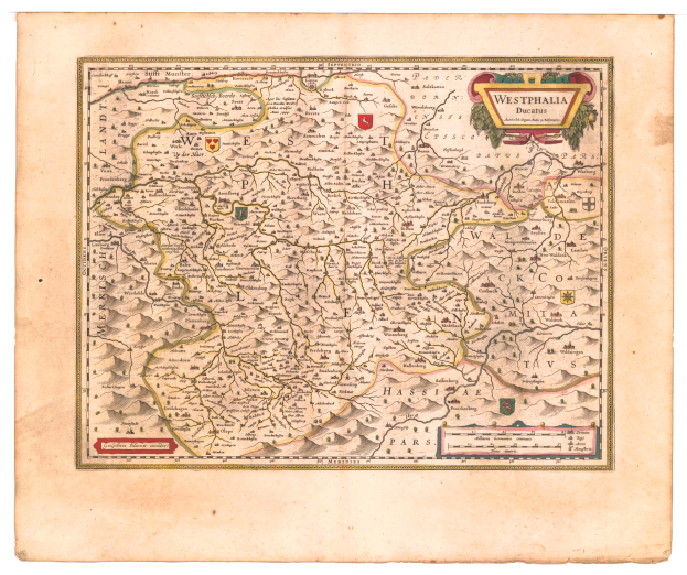 Ein altes Kartenblatt von Westfalen, Deutschland, mit den Provinzen des Königreichs England und Wales deutlich sichtbar, auf Papier gedruckt mit detaillierten Texten über die Region.