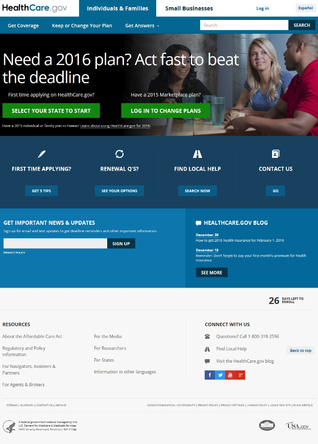 Health Care Gov-Webseite Startseite zeigt eine Gruppe von Menschen an einem Tisch mit Gläsern und anderen Gegenständen, mit dem Webseitentitel und informativem Text.