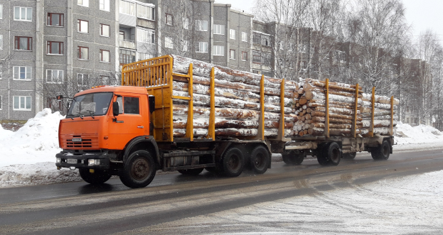Ein Lastwagen mit Holz fährt auf einer schneebedeckten Straße mit Bäumen, fensterlosen Gebäuden und einem klaren Himmel im Hintergrund.