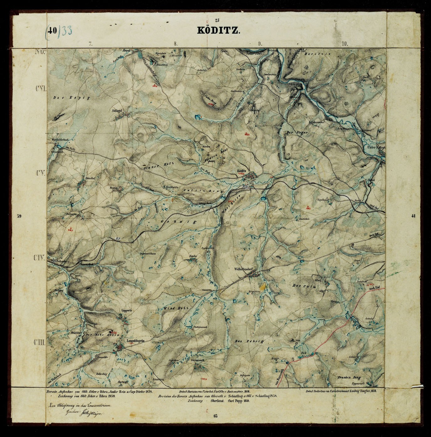 Alte topografische Karte von Köditz, Deutschland, mit schwarzem Hintergrund, zeigt Berge, Flüsse und andere geografische Merkmale in klassischer Schriftart.