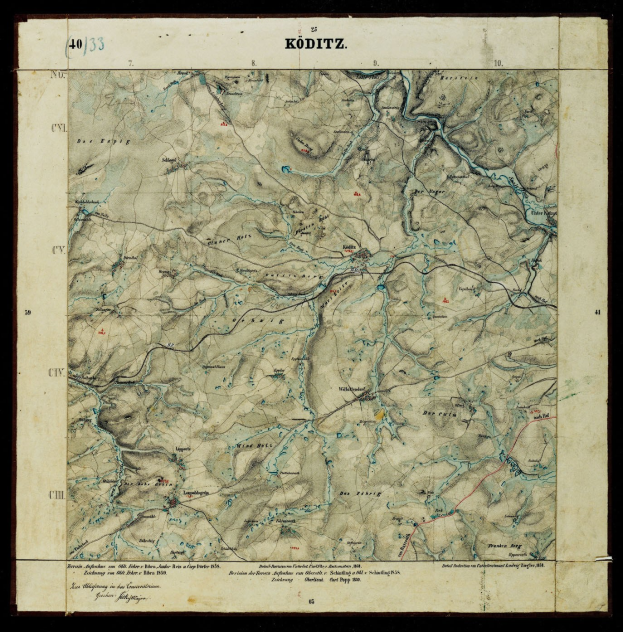 Alte topografische Karte von Köditz, Deutschland, mit schwarzem Hintergrund, zeigt Berge, Flüsse und andere geografische Merkmale in klassischer Schriftart.