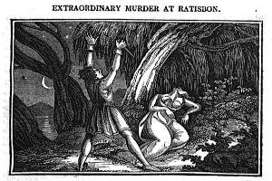 Eine Schwarz-Weiß-Illustration eines Mannes und einer Frau in einem Wald mit Bäumen im Hintergrund, mit dem Text "Außergewöhnlicher Mord in Ratison" oben und unten.