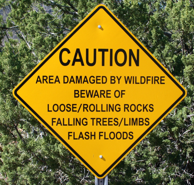 Gelbes Warnschild an einem Pfosten im Vordergrund, das vor Waldbrandschäden, lockerem Geröll, umstürzenden Bäumen und Überschwemmungen warnt, mit Bäumen im Hintergrund.
