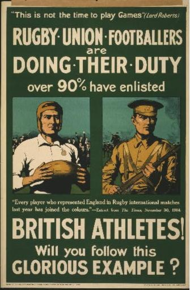 Zwei Rugby-Union-Fußballer auf einem Plakat, das die Einberufung britischer Athleten bewirbt, mit begleitendem Text.