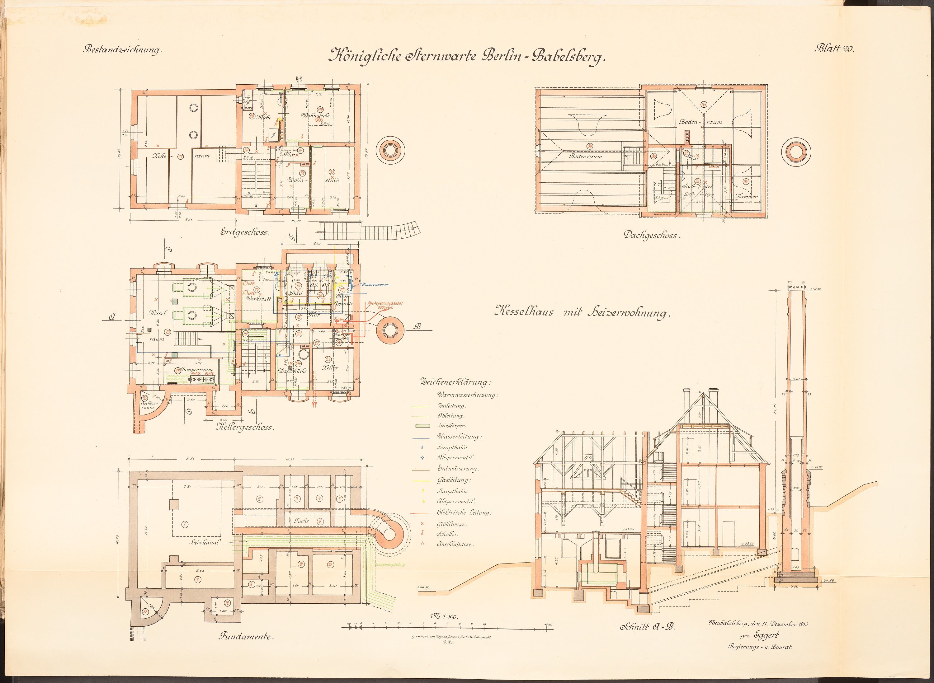 Ein altes Buch mit einer Zeichnung des ursprünglichen Plans der Königlichen Hermwerk Berlin-Baklberg, das detaillierte Pläne und Text enthält.