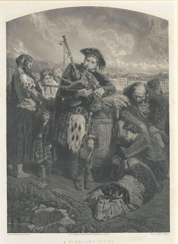 Schwarze und weiße Gravur eines Mannes, der eine Dudelsackpfeife vor einer Gruppe von Menschen spielt, mit einem bewölkten Himmel im Hintergrund und dem Text "Ein Highland Pipe" unten.