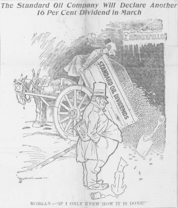 Eine Karikatur eines Mannes, der neben einem von einem Pferd gezogenen Wagen mit einem Rad in der Mitte steht, mit der Inschrift "Die Standard Oil Company wird im März eine weitere 16-prozentige Dividende ausschütten."