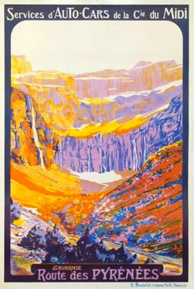 Ein Plakat, das eine Autowerkstatt in den Pyrenäen, Frankreich, bewirbt und eine Landschaft mit sanften Hügeln unter einem klaren blauen Himmel zeigt, mit Texten, die Informationen über den Service enthalten.