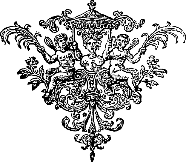 Eine Schwarz-Weiß-Zeichnung eines geschmückten Karussells mit drei Cherubim darauf, vor einem weißen Hintergrund.