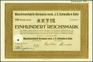 Ein altes deutsches Aktienzertifikat mit goldenem Rand und schwarzer Schrift, gerahmt mit einem schwarzen Rand.