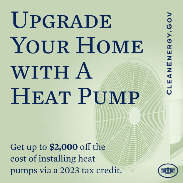 Plakat wirbt für den Austausch von Heizungen zu Wärmpumpen, zeigt ein Bild einer Wärmpumpe und den Text "Upgrade Your Home with a Heat Pump."