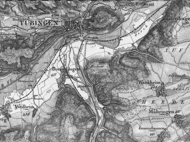 Eine Schwarz-Weiß-Topografische Karte von Tübingen, die detaillierte Bereichsansichten mit Textannotationen zeigt.
