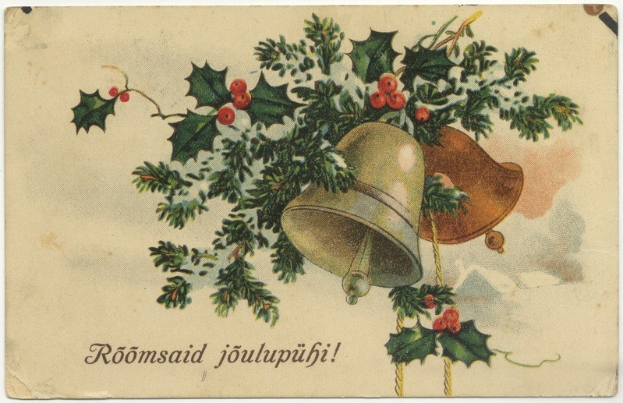 Weihnachtsgrußkarte mit Stechpalme, roten Beeren und goldenen Glöckchen mit festlichem Text.