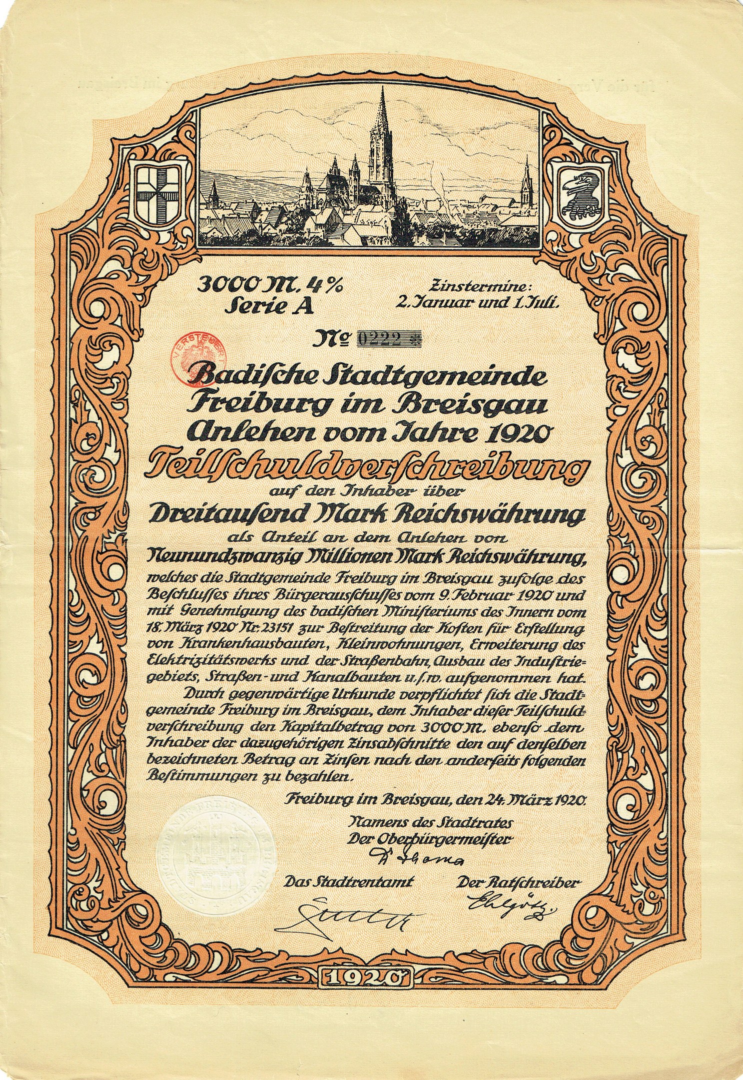 Alte deutsche Aktie mit Stadtansicht und gedrucktem Text.