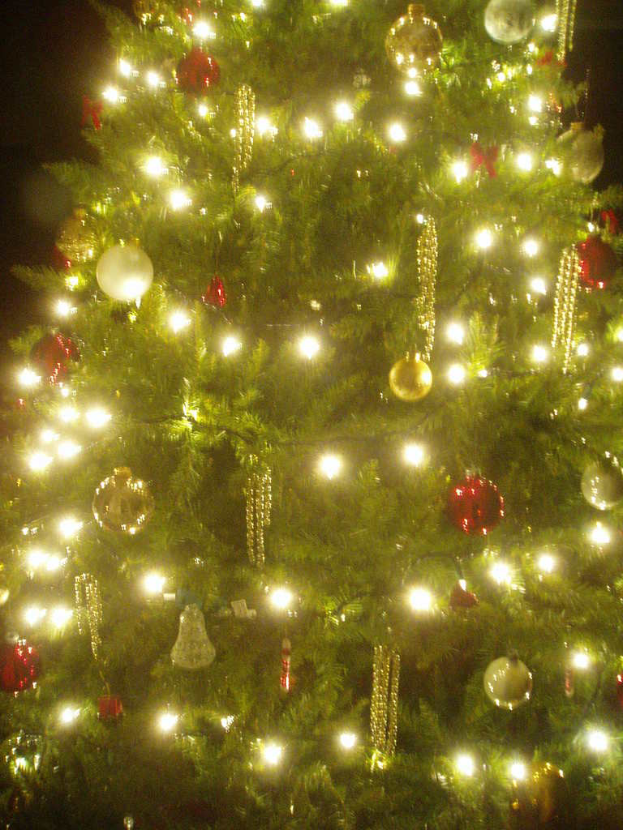 Ein Weihnachtsbaum, geschmückt mit Lichtern, Kugeln und anderen Schmuck.