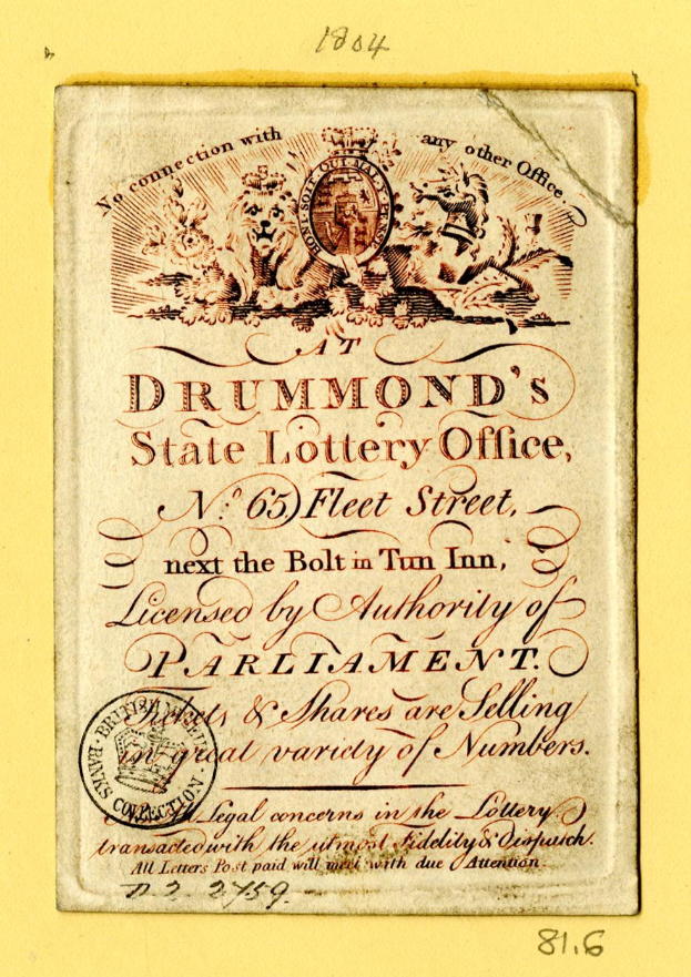 Ein abgegriffenes Buch mit gelbem Hintergrund und einem Stempel, auf dem der Text 'Drummond's State Lottery Office' steht.