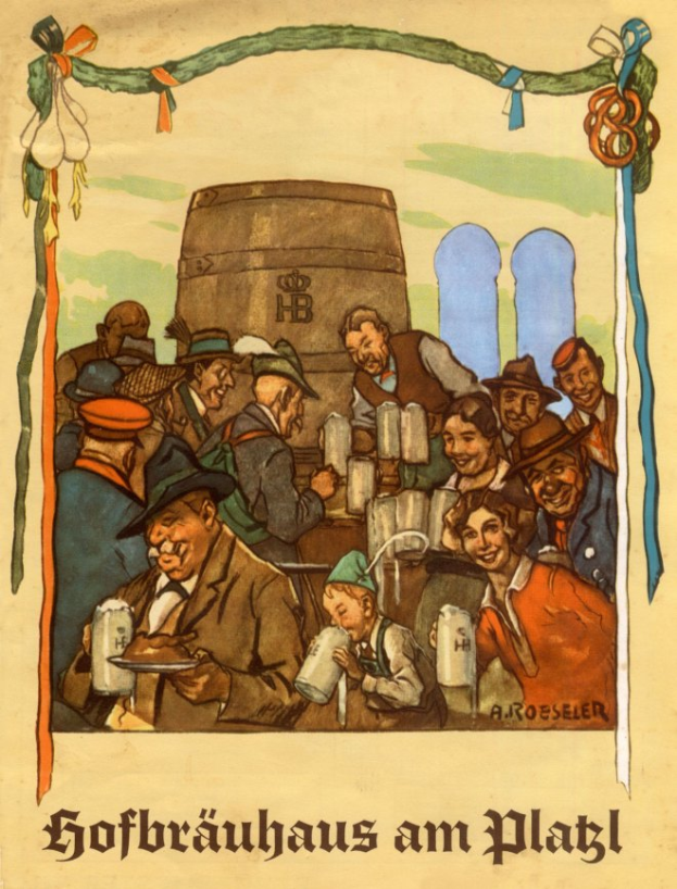 Ein Plakat, das ein Bierfest in Deutschland ankündigt und eine Gruppe von Menschen zeigt, einige halten Biergläser in der Hand, im Hintergrund ein Fass und deutscher Text am unteren Rand.