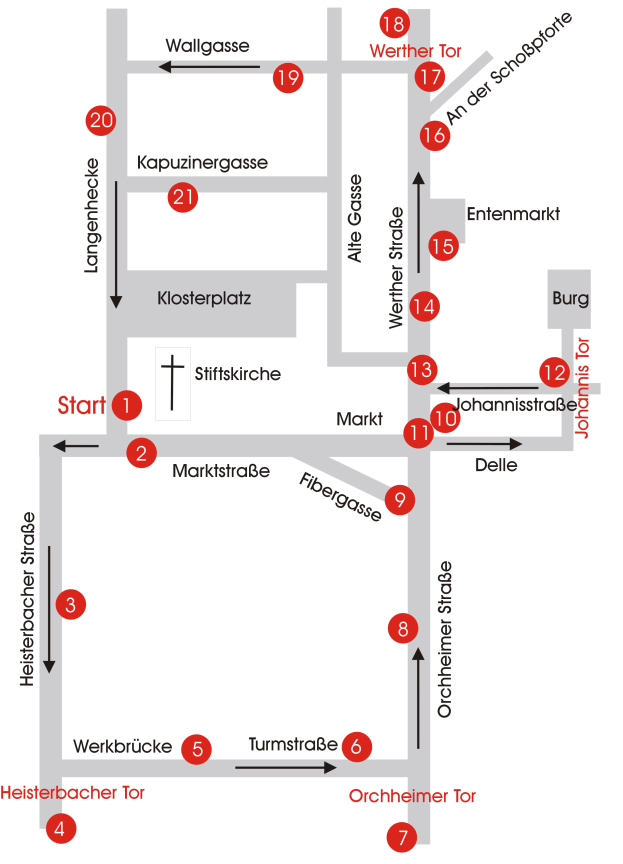 Ein detaillierter Stadtplan von Heidelberg, Deutschland, der Straßen, Gebäude, Sehenswürdigkeiten und eine hervorgehobene Route zu einer Kirche mit begleitendem Text zeigt.