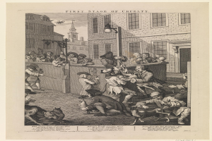 Gruppe von Menschen und Tieren versammelt sich vor einem Gebäude mit Fenstern und einer Straßenlaterne, mit einem Himmel als Hintergrund; Text unten lautet "Erste Stufe der Grausamkeit."